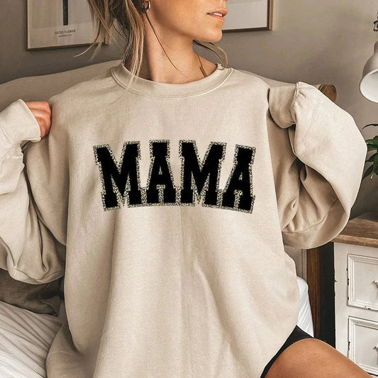 KI-2 / M Mothers Day Gift for New Mom Autumn Sweatshirt Wildflowers Leopard Mama Retro Crewneck Sweater Cute Bow Mama Cartoon Sweatshirts