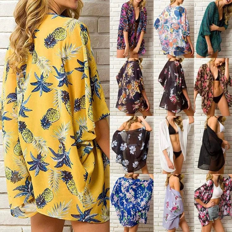 Kimono Beach Custom Blue Casual Floral Bohemian Women Short Kimono Beach Cover Up Dress For Bikini Wrap