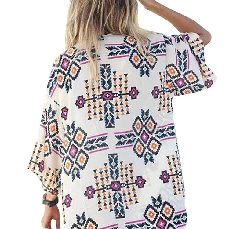 Kimono Beach Custom Blue Casual Floral Bohemian Women Short Kimono Beach Cover Up Dress For Bikini Wrap