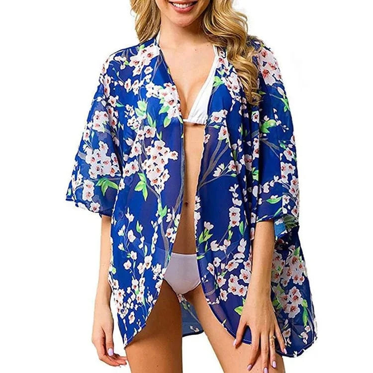 Kimono Beach Custom Blue Casual Floral Bohemian Women Short Kimono Beach Cover Up Dress For Bikini Wrap