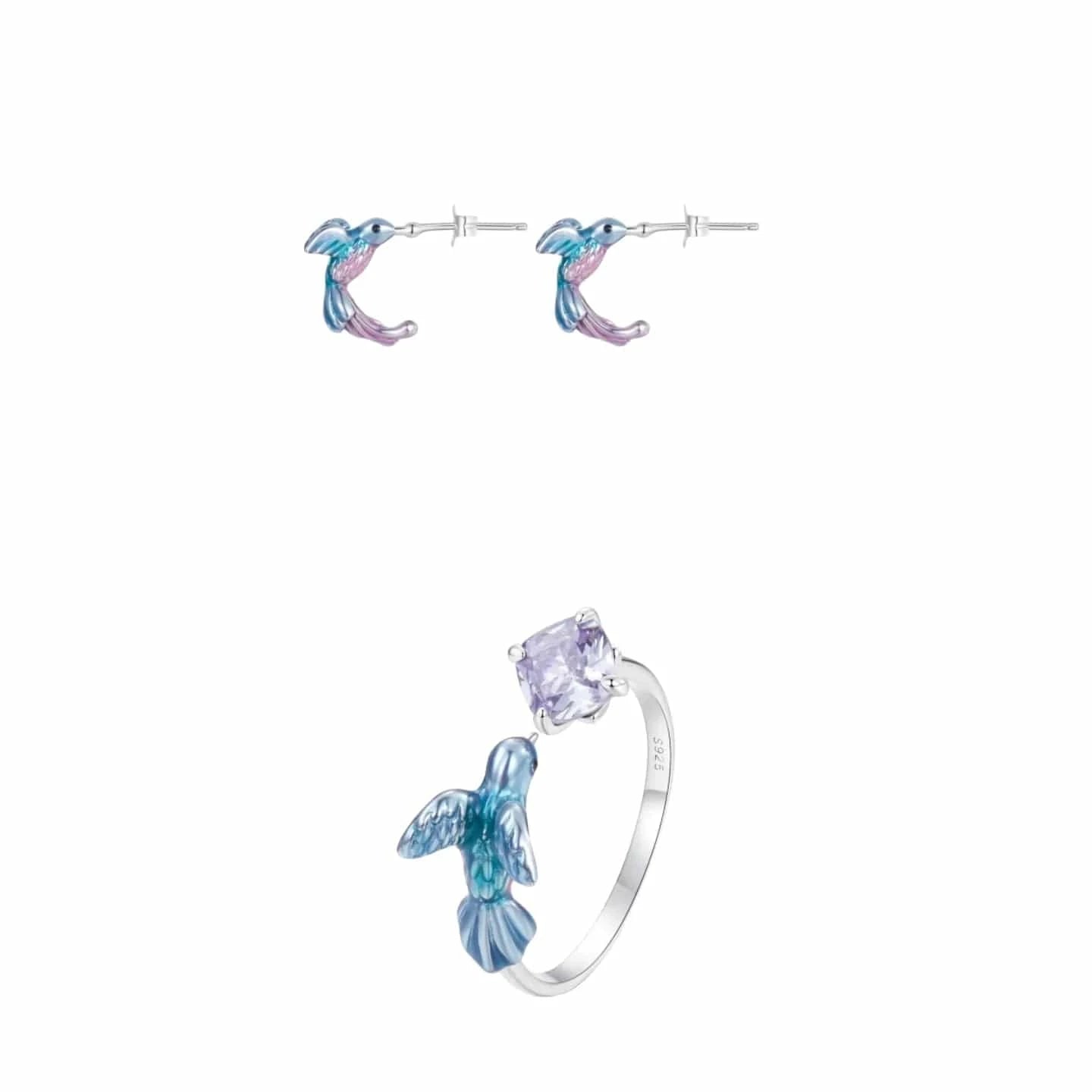 Kingfisher Jewelry Set 925 Sterling Silver Fashion Jewelry Sets Fine Jewelry Making Wholesale Blossom Cherry Butterfly&Kingfisher Stud Earring&Ring Set