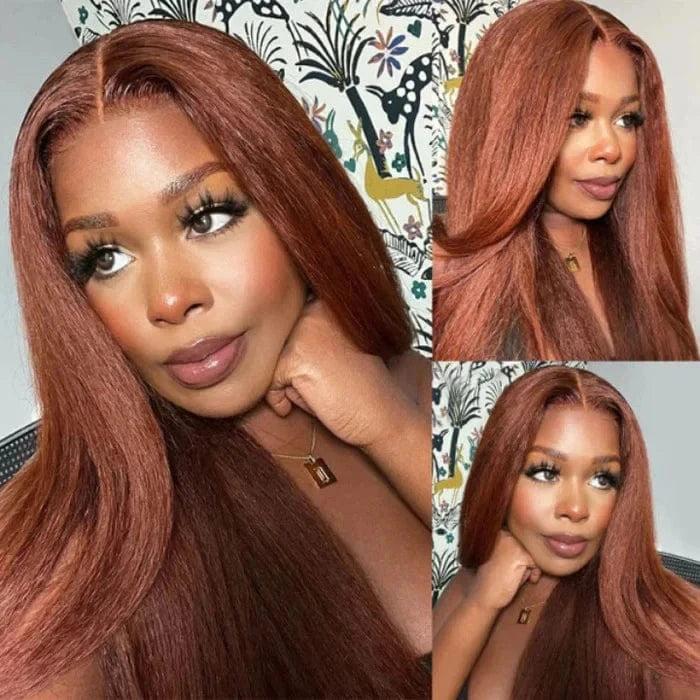 Kinky Straight / 18 Inches #33 Auburn Brown Red Color Curly Body Wave 13x4 Lace Frontal Wigs Transparent Lace Glueless Human Hair Wig