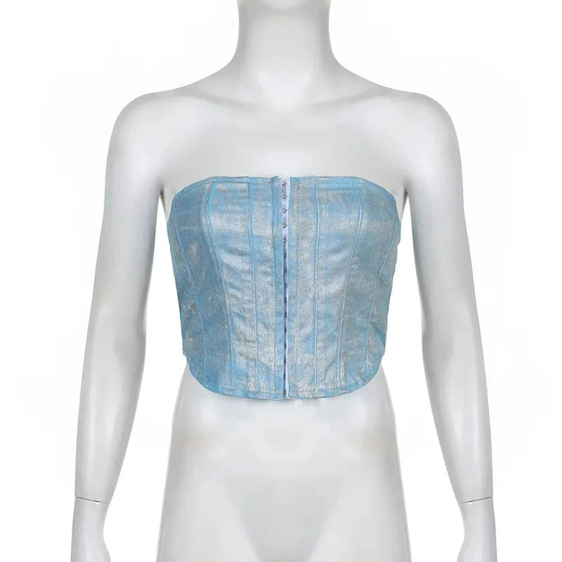 KJ08651 Glossy 2 Piece Jeans Set Sexy Strapless Tube Top Denim Straight Leg Pants Set Patchwork Casual High Street Outfit