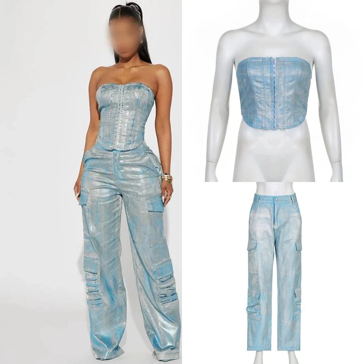 KJ08651 Glossy 2 Piece Jeans Set Sexy Strapless Tube Top Denim Straight Leg Pants Set Patchwork Casual High Street Outfit