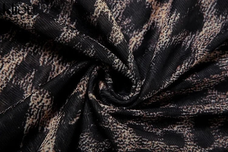 kliou Mesh Leopard Print Mini Dress Women Fashion Sexy See Through Full Sleeve Crew Neck Bodycon Female Popular Club Party Robe