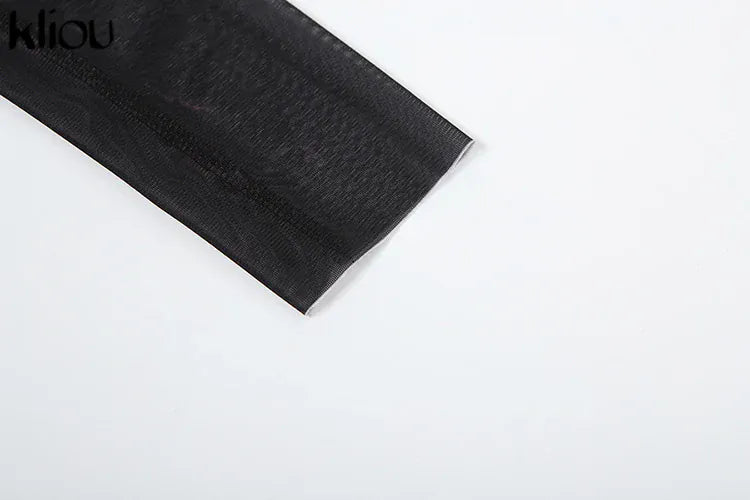 kliou Mesh Leopard Print Mini Dress Women Fashion Sexy See Through Full Sleeve Crew Neck Bodycon Female Popular Club Party Robe