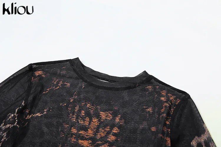 kliou Mesh Leopard Print Mini Dress Women Fashion Sexy See Through Full Sleeve Crew Neck Bodycon Female Popular Club Party Robe