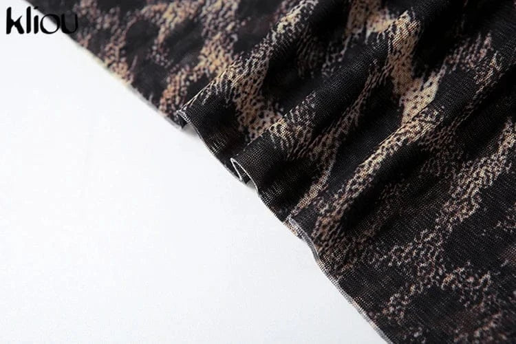 kliou Mesh Leopard Print Mini Dress Women Fashion Sexy See Through Full Sleeve Crew Neck Bodycon Female Popular Club Party Robe