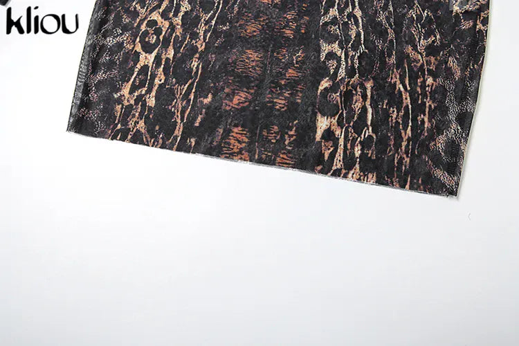 kliou Mesh Leopard Print Mini Dress Women Fashion Sexy See Through Full Sleeve Crew Neck Bodycon Female Popular Club Party Robe