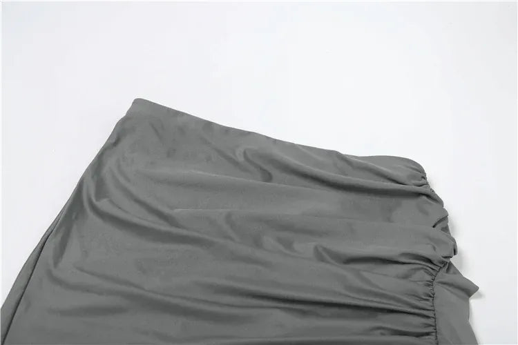 kliou Unique Irregular Women 2 Piece Set Solid Swinging Pleated Single Full Sleeve Turtleneck Tops+Matching Split Maxi Skirts