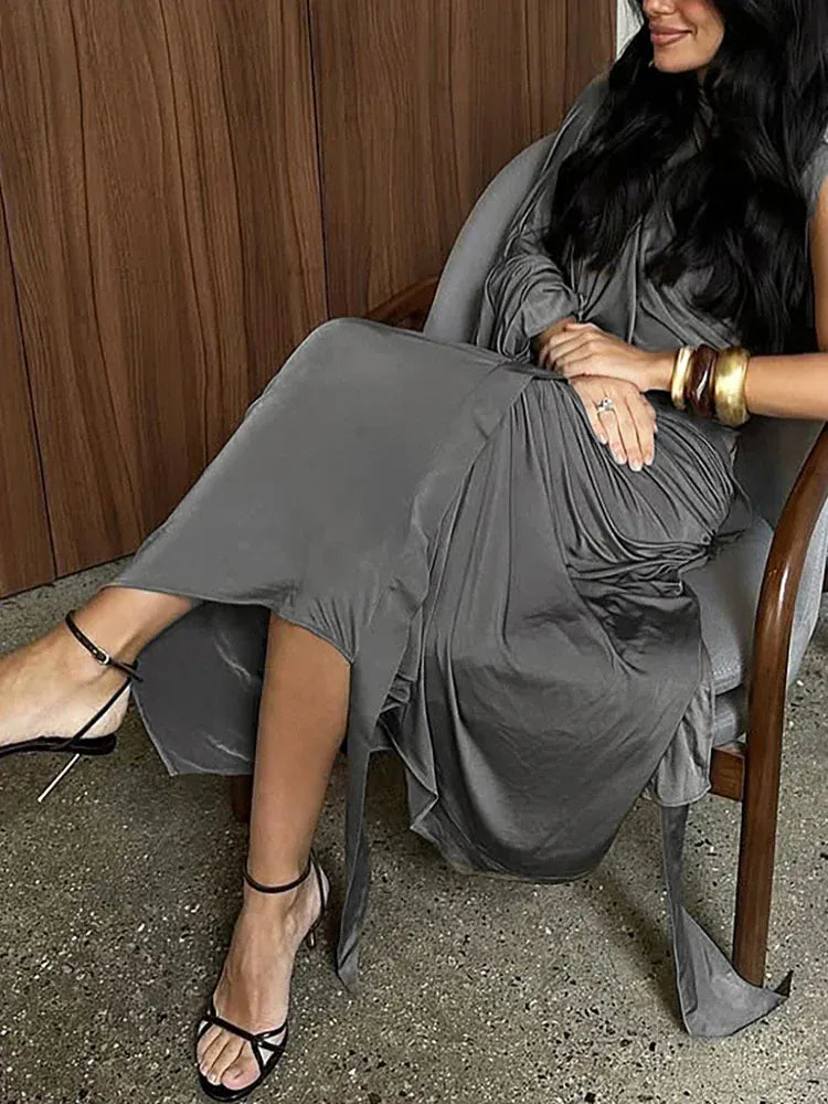 kliou Unique Irregular Women 2 Piece Set Solid Swinging Pleated Single Full Sleeve Turtleneck Tops+Matching Split Maxi Skirts