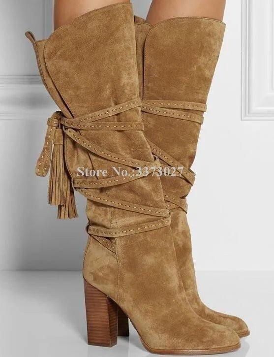 Knee - High Boots Beige Suede With Cross Rope Tassels And Lace - Up Design Everyday Chic - SN Wigs & More