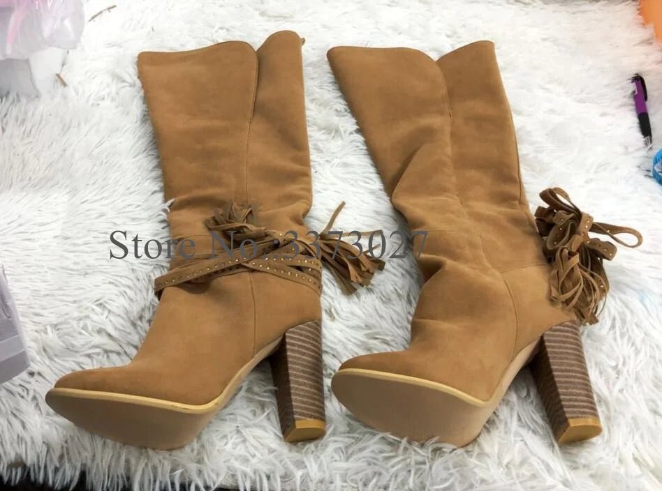 Knee - High Boots Beige Suede With Cross Rope Tassels And Lace - Up Design Everyday Chic - SN Wigs & More