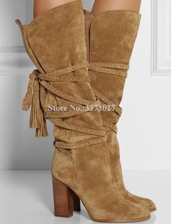 Knee - High Boots Beige Suede With Cross Rope Tassels And Lace - Up Design Everyday Chic - SN Wigs & More