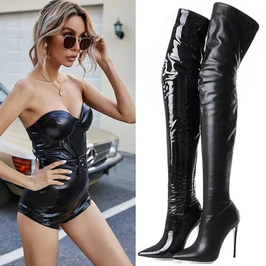 Knee-high boots black sexy glossy finish back zipper ultra-fine high heels European and American plus size elastic boots 2024