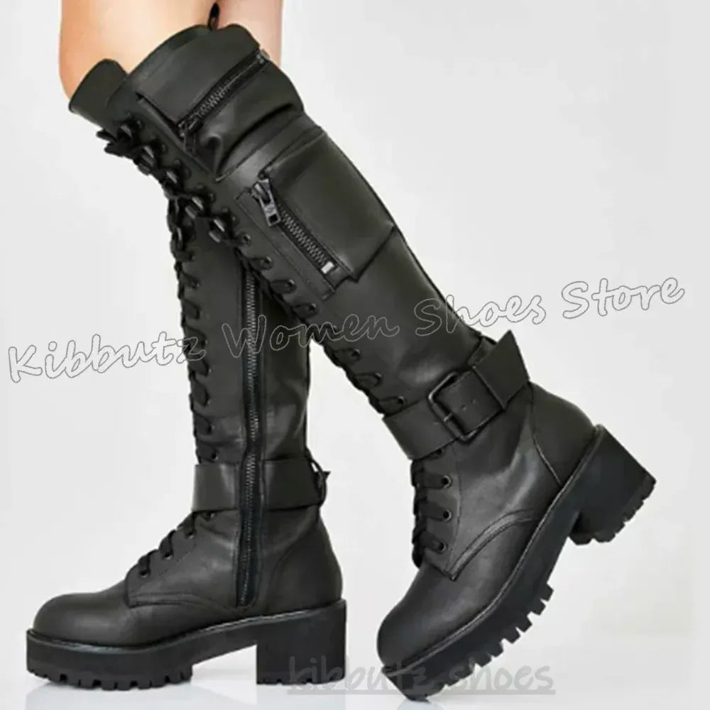 Knee High Boots Bling Glossy Pocket Zipper Lace - Up Round Toe Chunky Heels Fashion Punk Rock Gothic Novelty Sexy Women Shoes New - SN Wigs & More
