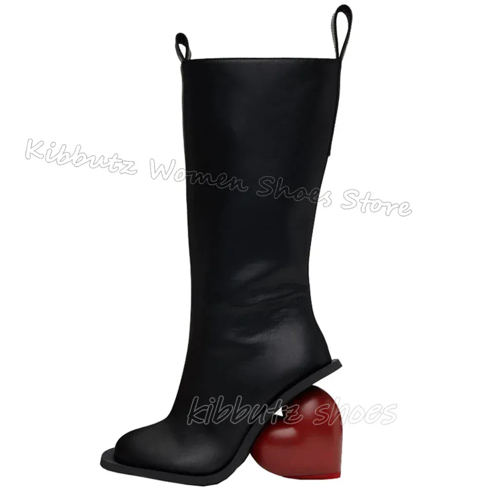 Knee High Boots Heart Shape Heels Luxury Leather Novelty Sexy Luxury Elegant Slip-On Women Shoes Newest Square Toe Solid Color