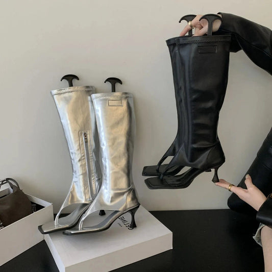 Knee High Long Boots For Ladies 2023 New Footwear Female Peep Toe Fashion Thin Heels Women Stretch Booties Shoes Flip Flops