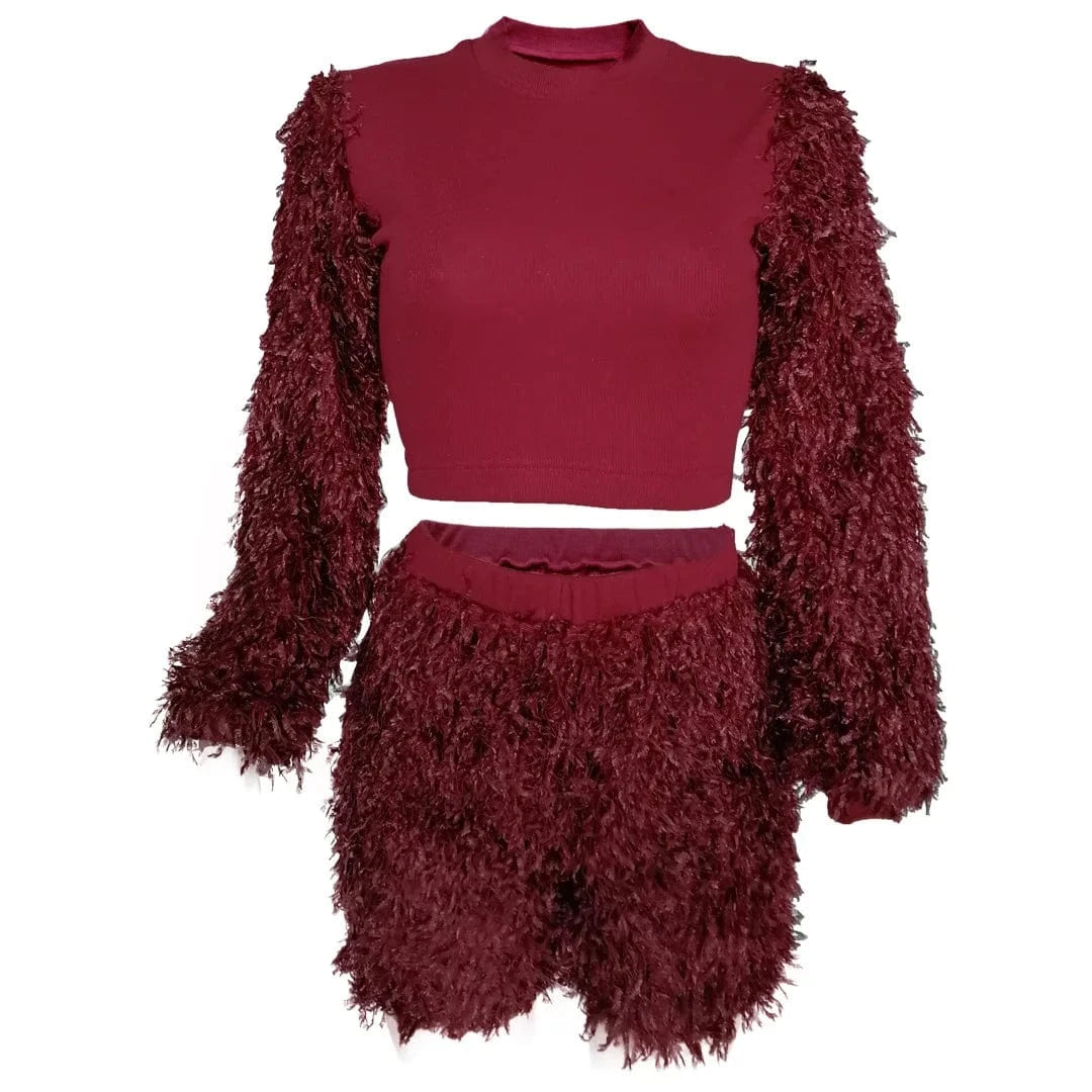 Knit 2 Piece Furry Two Piece Set Cozy 2 pc Sweater Short Sets Winter Matching Shorts Set Sweater Women