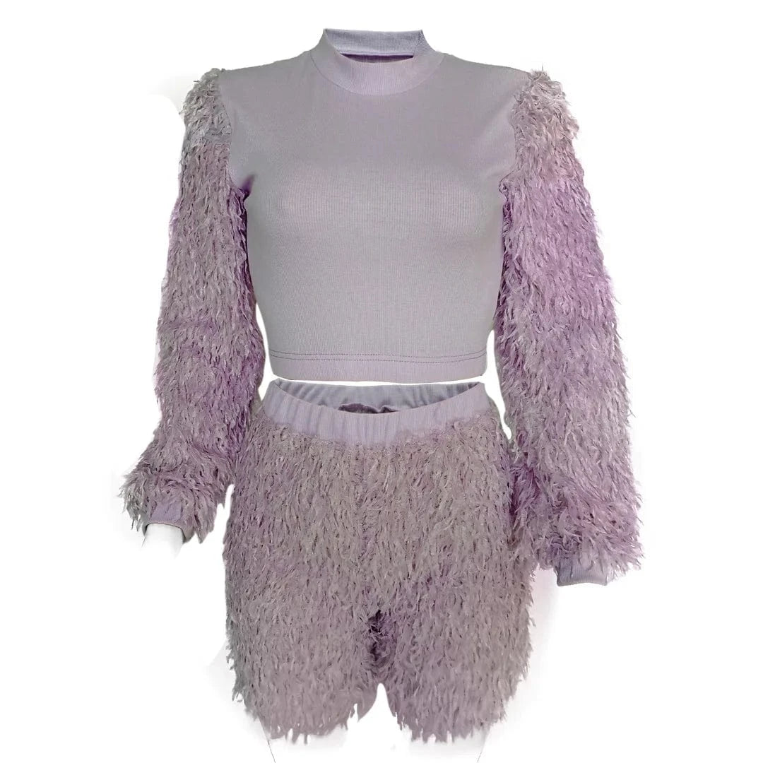 Knit 2 Piece Furry Two Piece Set Cozy 2 pc Sweater Short Sets Winter Matching Shorts Set Sweater Women