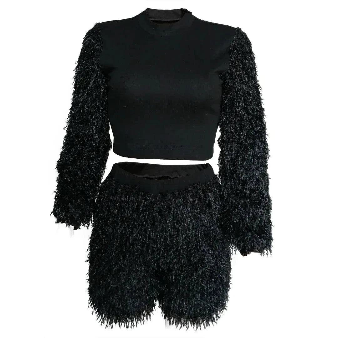 Knit 2 Piece Furry Two Piece Set Cozy 2 pc Sweater Short Sets Winter Matching Shorts Set Sweater Women