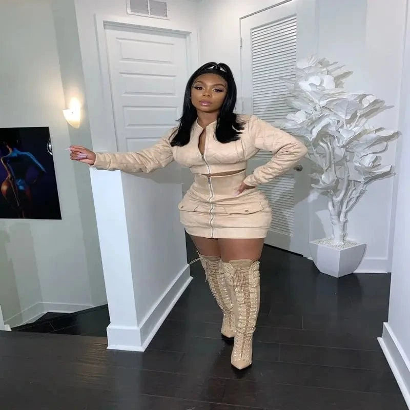 Knit 2-piece sexy zipper miniskirt suit jacket short skirt suit winter collocation tight waist short skirt suit women