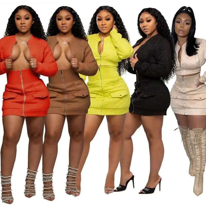 Knit 2-piece sexy zipper miniskirt suit jacket short skirt suit winter collocation tight waist short skirt suit women