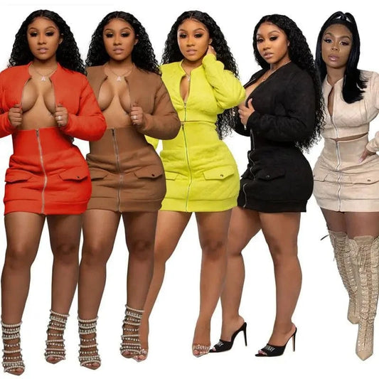Knit 2-piece sexy zipper miniskirt suit jacket short skirt suit winter collocation tight waist short skirt suit women