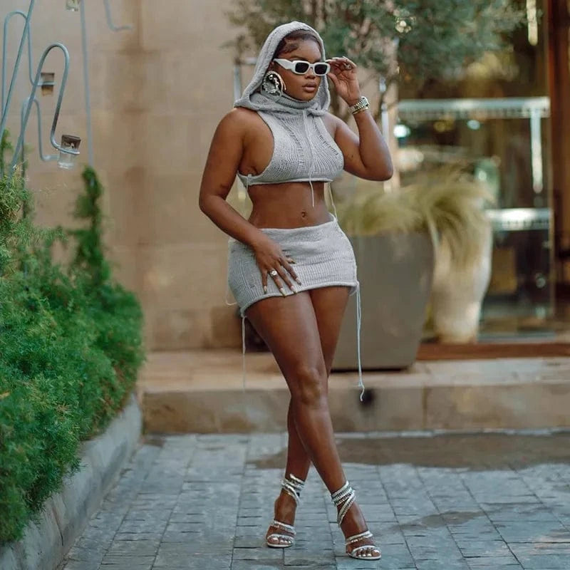 Knit Club Wear Skirt Sets 2 Pieces Outfits Hooded Top Matching Skirt Crochet 2023