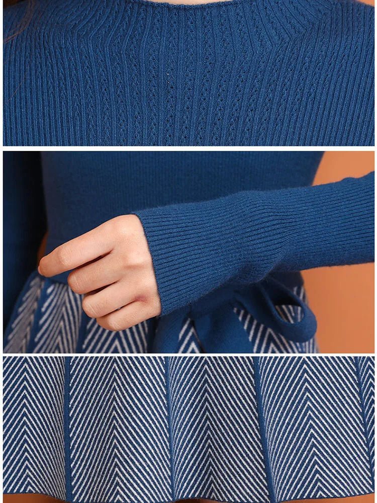Knit Midi Dress Belted Stripe Pattern With Slim Fit And Flattering Cut Elegant Modern Minimalist Style - SN Wigs & More