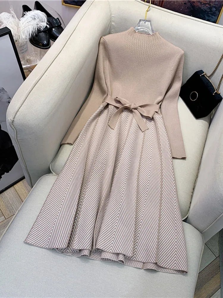 Knit Midi Dress Belted Stripe Pattern With Slim Fit And Flattering Cut Elegant Modern Minimalist Style - SN Wigs & More