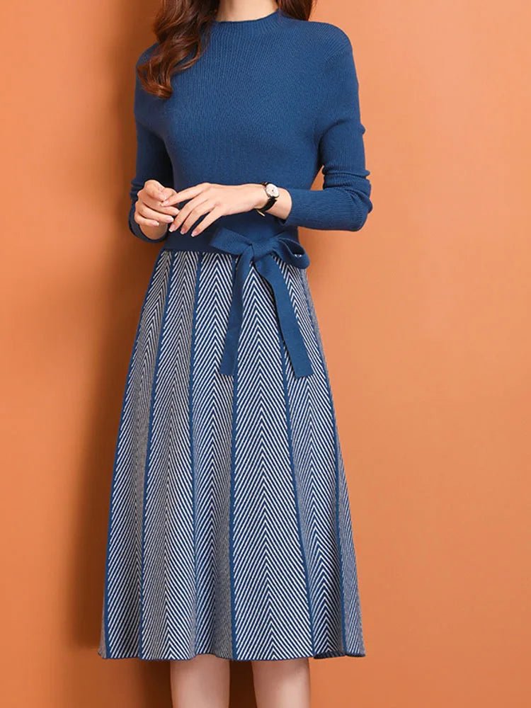 Knit Midi Dress Belted Stripe Pattern With Slim Fit And Flattering Cut Elegant Modern Minimalist Style - SN Wigs & More