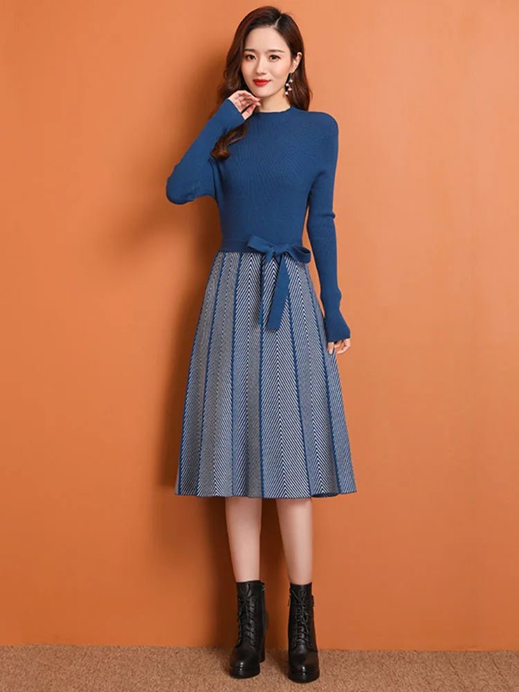 Knit Midi Dress Belted Stripe Pattern With Slim Fit And Flattering Cut Elegant Modern Minimalist Style - SN Wigs & More
