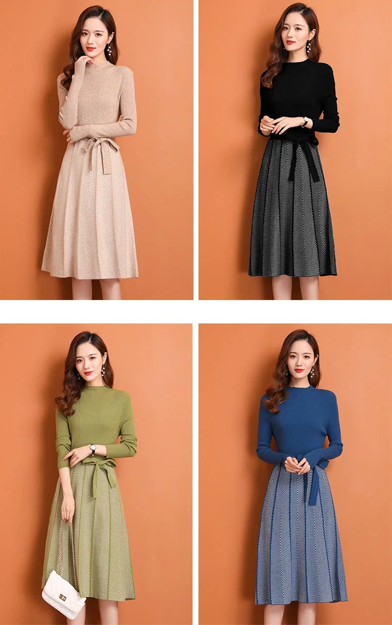 Knit Midi Dress Belted Stripe Pattern With Slim Fit And Flattering Cut Elegant Modern Minimalist Style - SN Wigs & More