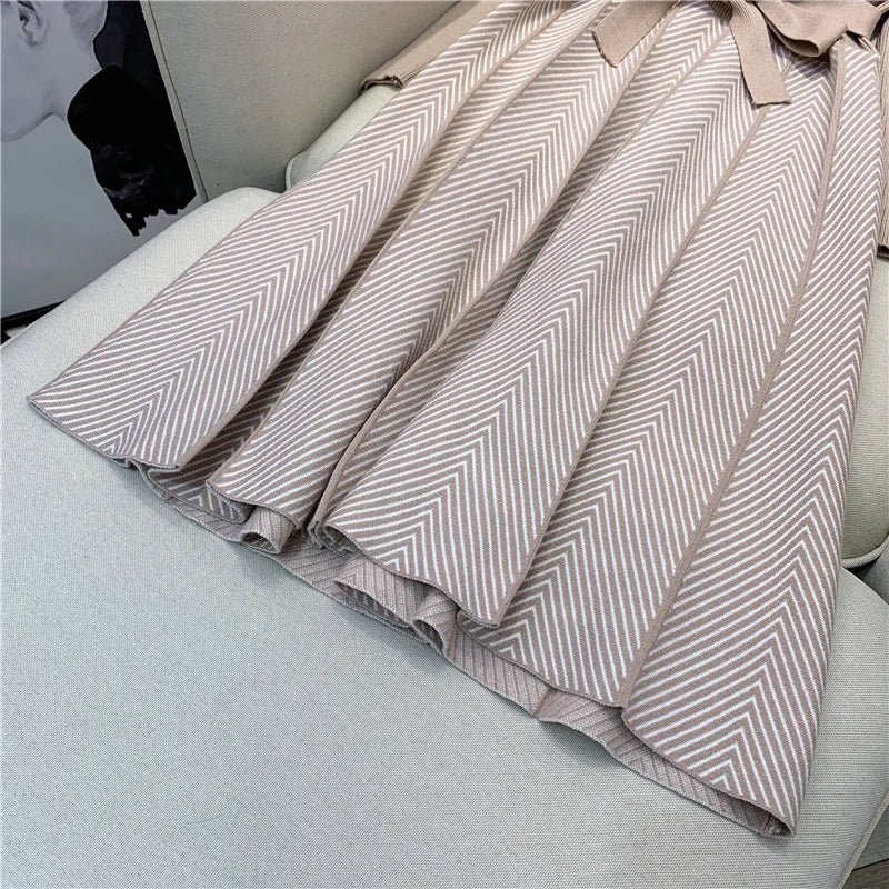 Knit Midi Dress Belted Stripe Pattern With Slim Fit And Flattering Cut Elegant Modern Minimalist Style - SN Wigs & More