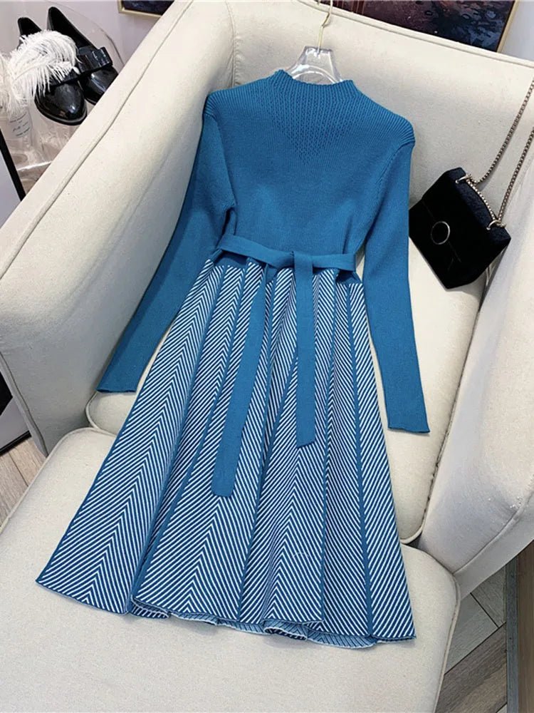 Knit Midi Dress Belted Stripe Pattern With Slim Fit And Flattering Cut Elegant Modern Minimalist Style - SN Wigs & More