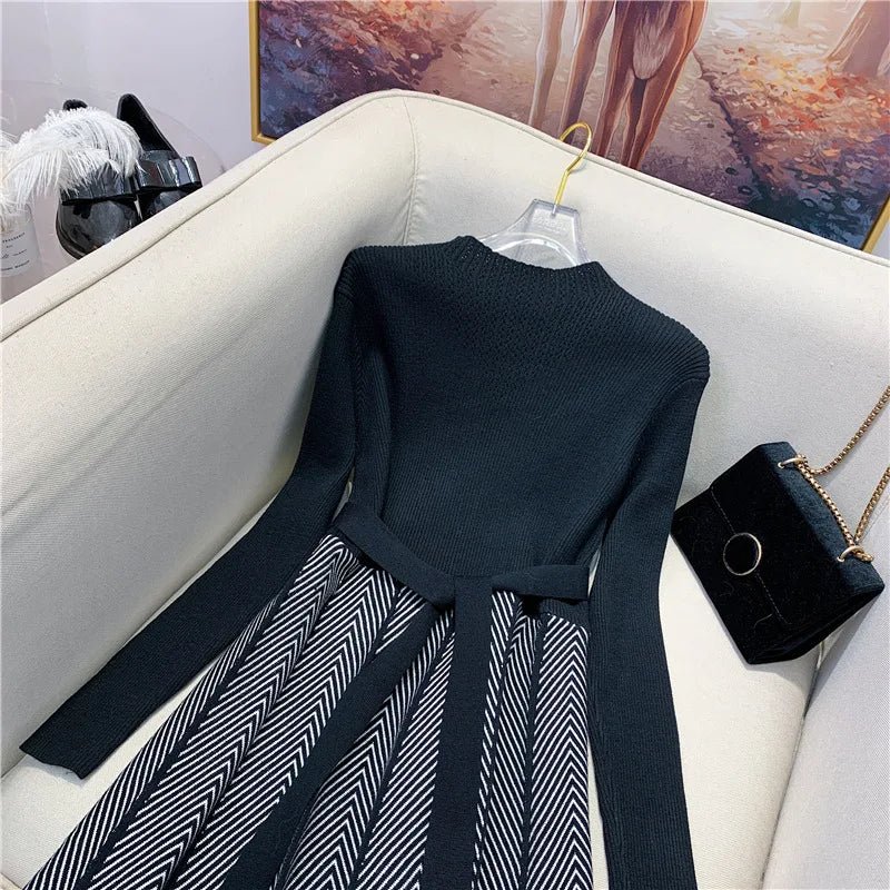 Knit Midi Dress Belted Stripe Pattern With Slim Fit And Flattering Cut Elegant Modern Minimalist Style - SN Wigs & More