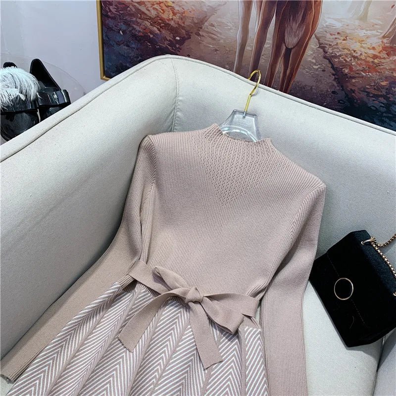 Knit Midi Dress Belted Stripe Pattern With Slim Fit And Flattering Cut Elegant Modern Minimalist Style - SN Wigs & More