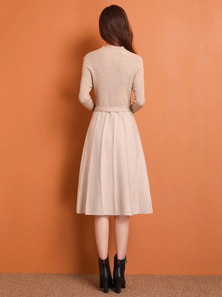 Knit Midi Dress Belted Stripe Pattern With Slim Fit And Flattering Cut Elegant Modern Minimalist Style - SN Wigs & More