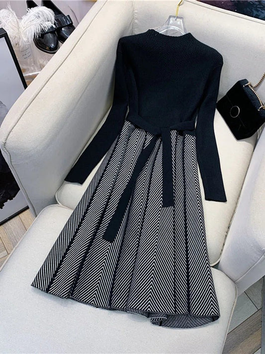 Knit Midi Dress Belted Stripe Pattern With Slim Fit And Flattering Cut Elegant Modern Minimalist Style - SN Wigs & More