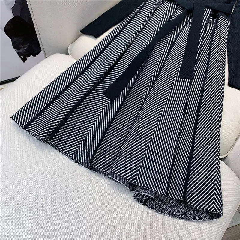 Knit Midi Dress Belted Stripe Pattern With Slim Fit And Flattering Cut Elegant Modern Minimalist Style - SN Wigs & More