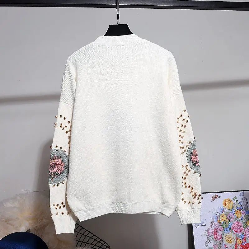 Knit Set Beaded Cross Stitch Pullover Top Loose Pants Casual - SN Wigs & More