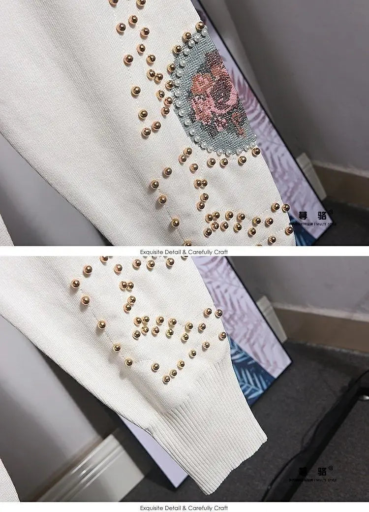 Knit Set Beaded Cross Stitch Pullover Top Loose Pants Casual - SN Wigs & More
