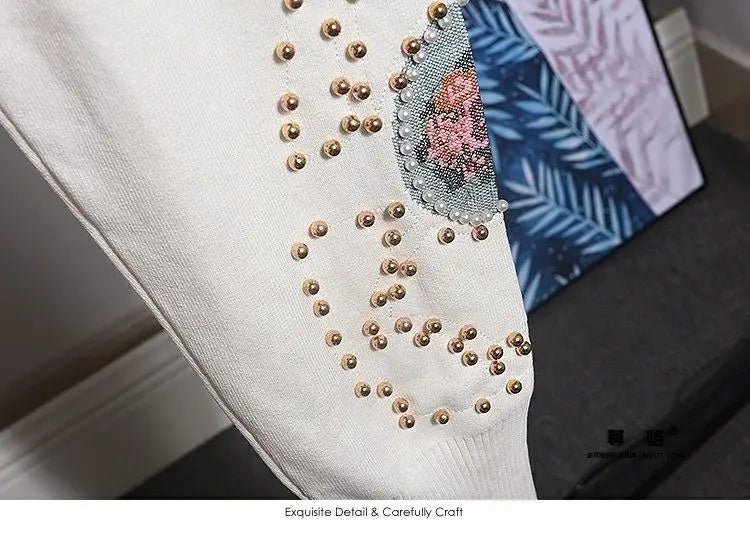 Knit Set Beaded Cross Stitch Pullover Top Loose Pants Casual - SN Wigs & More