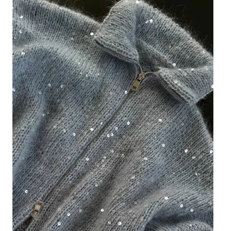 Knit Sweater With Sequin Embellishment Stand Collar Y2K Style Regular Fit Heavyweight Knit - SN Wigs & More