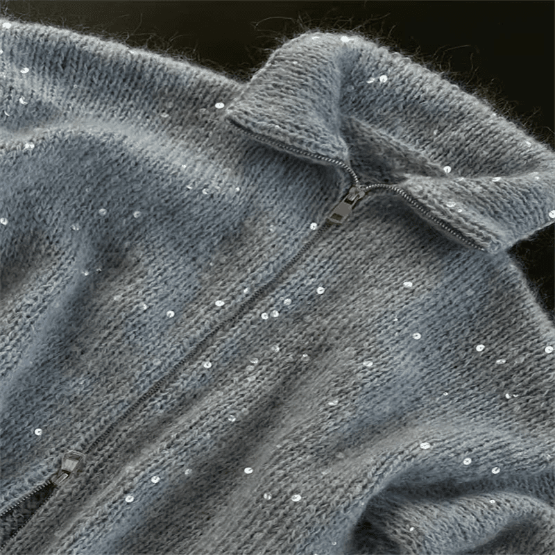 Knit Sweater With Sequin Embellishment Stand Collar Y2K Style Regular Fit Heavyweight Knit - SN Wigs & More