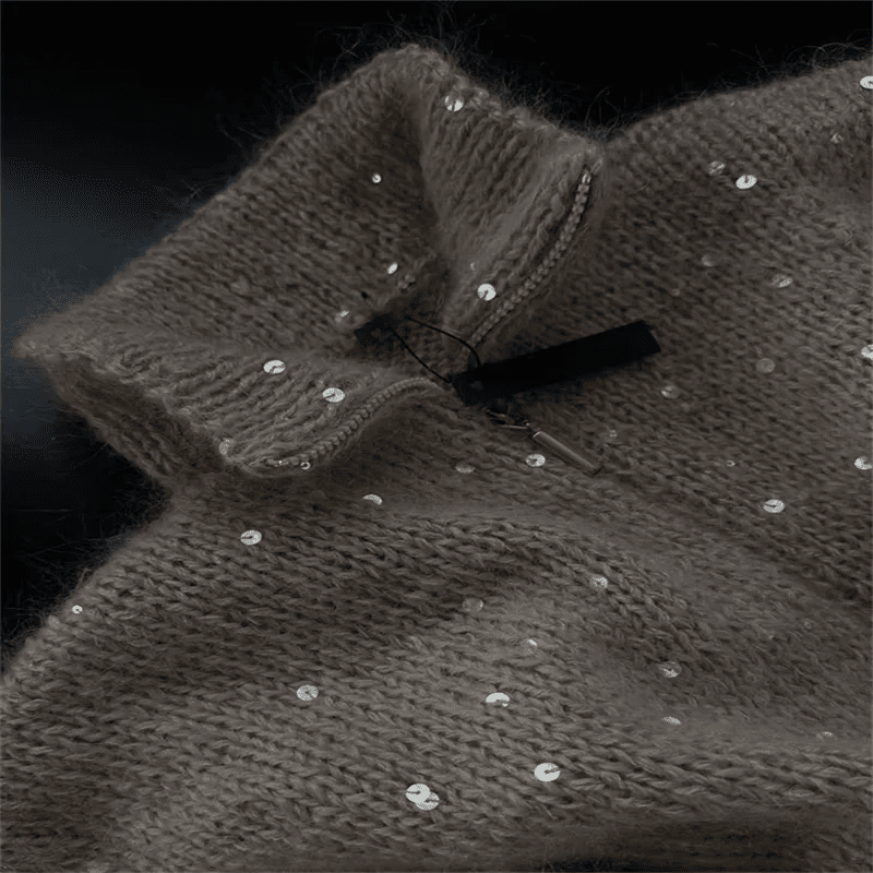 Knit Sweater With Sequin Embellishment Stand Collar Y2K Style Regular Fit Heavyweight Knit - SN Wigs & More