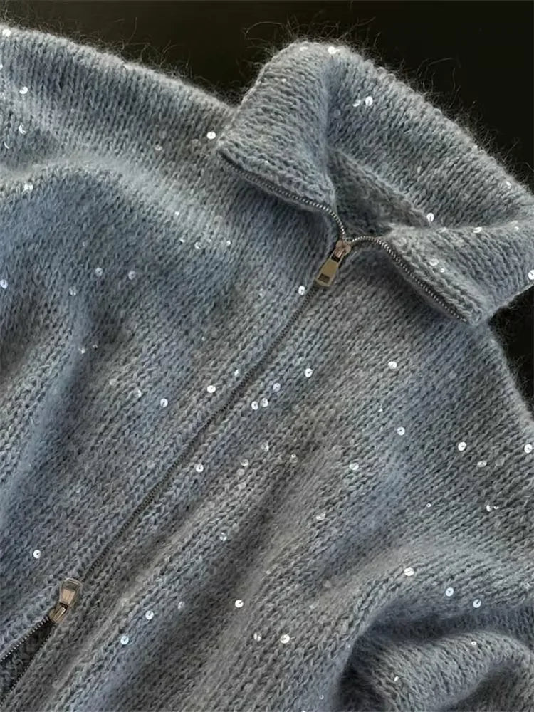 Knit Sweater With Sequin Embellishment Stand Collar Y2K Style Regular Fit Heavyweight Knit - SN Wigs & More