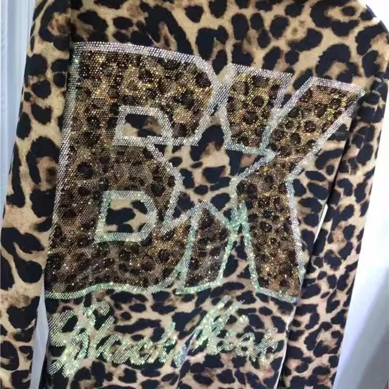 Knit Turtleneck Long Sleeve Top With Rhinestone Embellishments Leopard Print Glam - SN Wigs & More