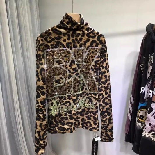 Knit Turtleneck Long Sleeve Top With Rhinestone Embellishments Leopard Print Glam - SN Wigs & More